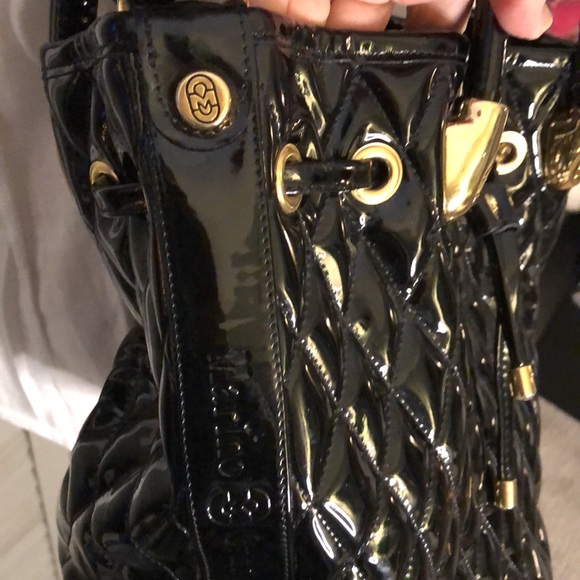 Patent Leather Marino Orlandi Black Bucket Bag Quilted EUC 19” drop handle - Picture 3 of 9